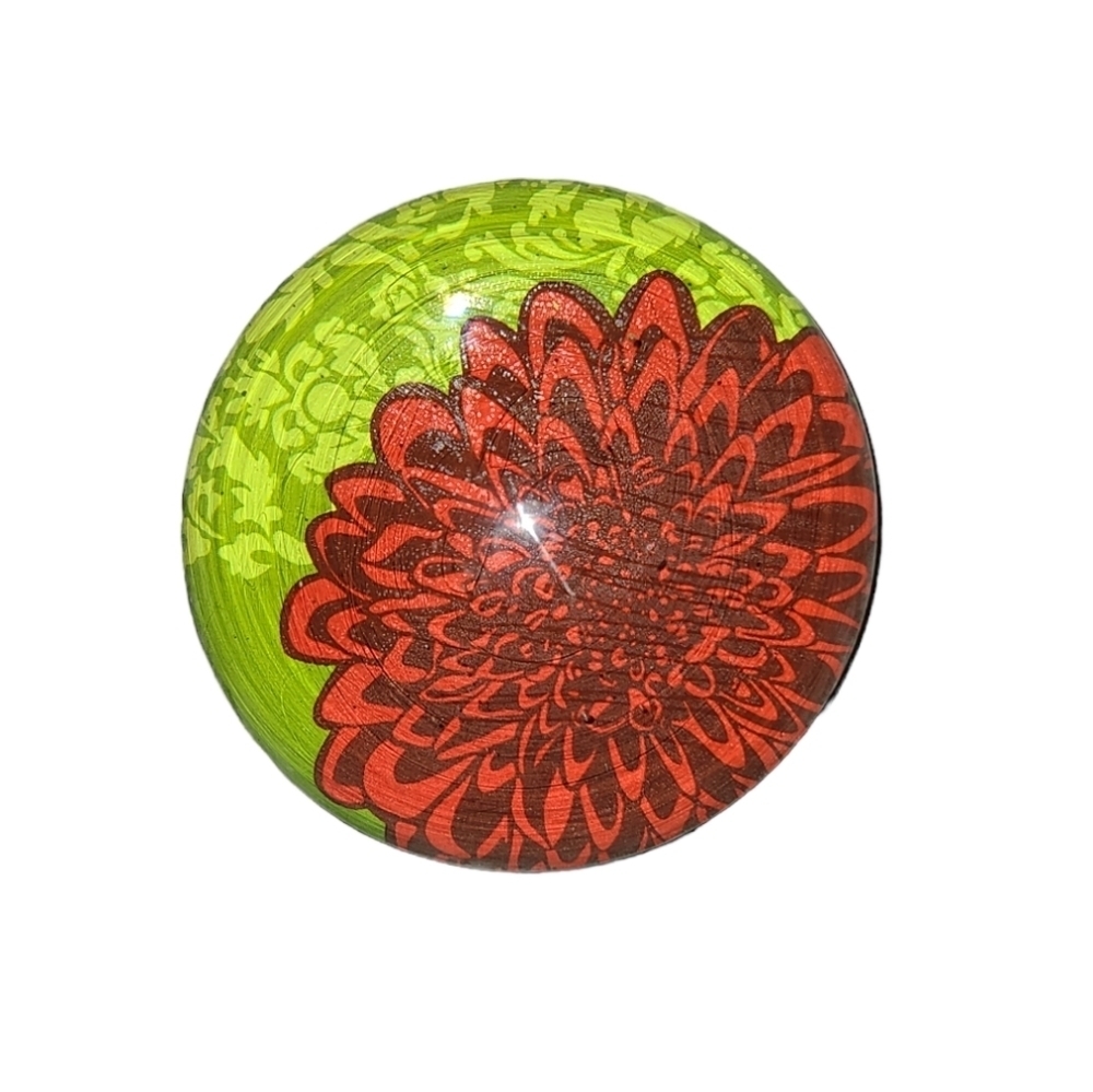 Glass Paperweight Red Dahlia Flower Green Background Round 3.5" Unbranded